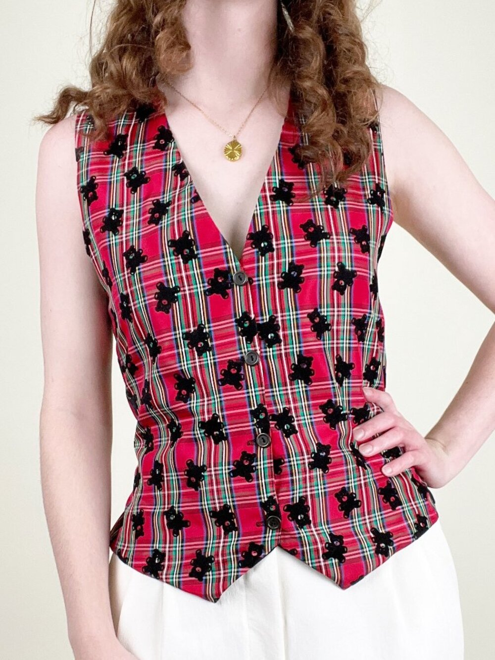 Vintage 90s Novelty Print Holiday Plaid Vest Not So Ugly Christmas Sweater Party